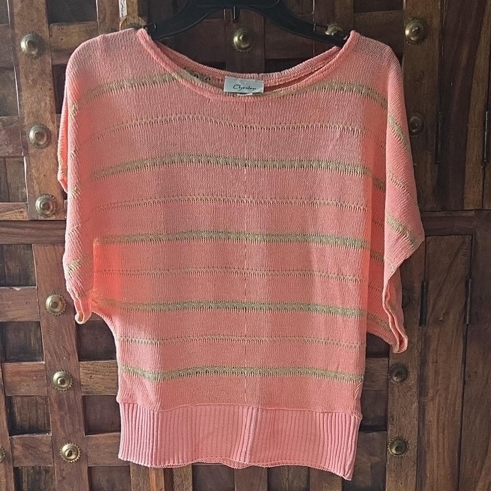 Chaps Coral and Gold Striped Sweater